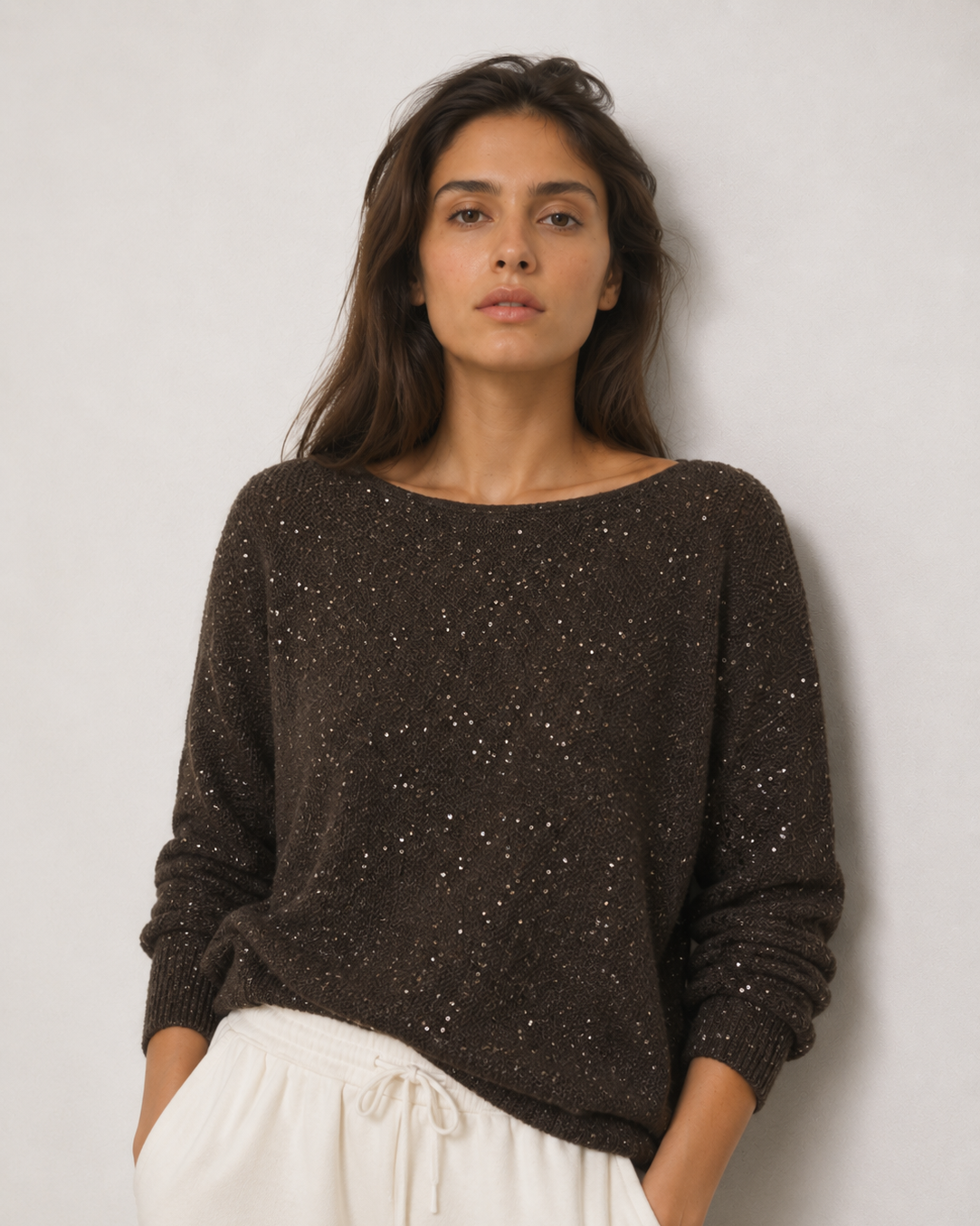 γυναικεία VERO MODA καφέ πλεκτή μπλούζα παγιέτες boat neck batwing μανίκια μπροστινή όψη
