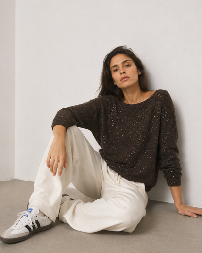 γυναικεία VERO MODA καφέ πλεκτή μπλούζα παγιέτες batwing μανίκια καθιστή ολόσωμη όψη
