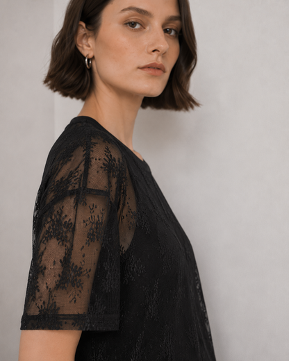 γυναικεία VERO MODA μαύρη μπλούζα floral δαντέλα detail διαφάνεια μανικιού
