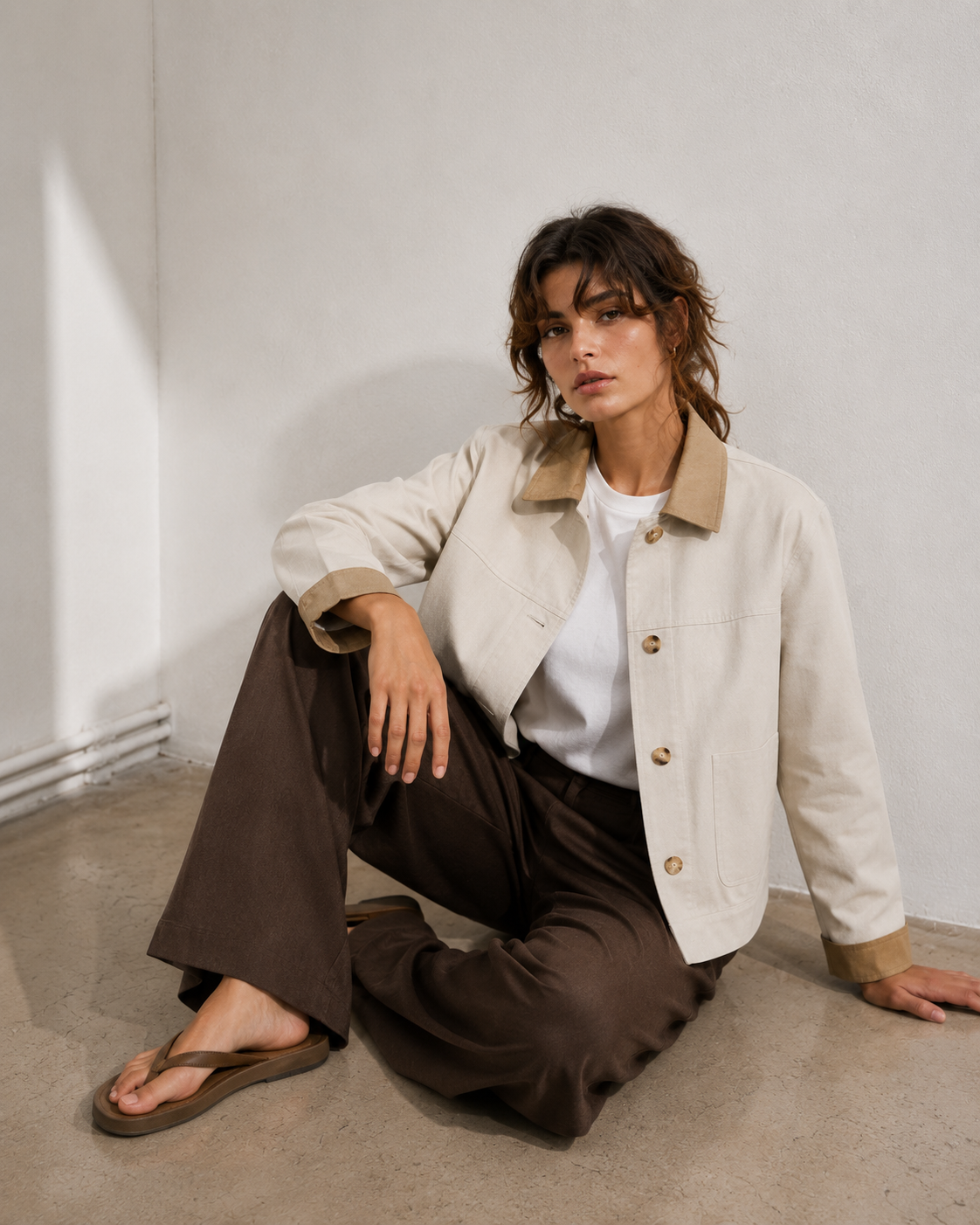 Γυναικείο κοντό μπουφάν Vero Moda εκρού με καφέ wide leg παντελόνα, ολόσωμη εμφάνιση
