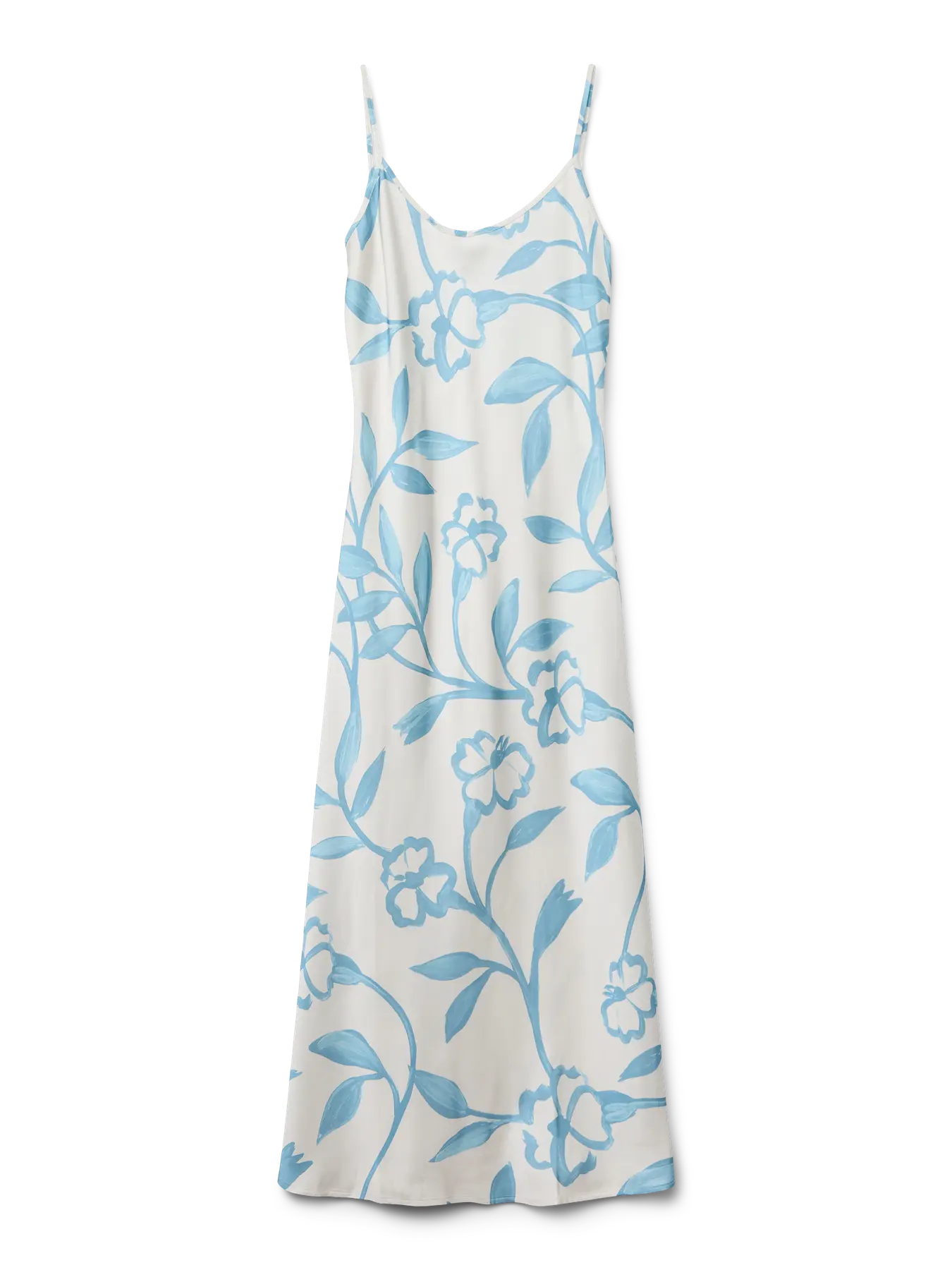 VERO MODA floral φόρεμα με ανοιχτή πλάτη σε επίπεδη λήψη, αναδεικνύει το κρεμ φόντο με γαλάζιες πινελιές
