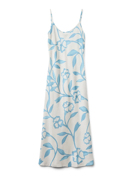 VERO MODA floral φόρεμα με ανοιχτή πλάτη σε επίπεδη λήψη, αναδεικνύει το κρεμ φόντο με γαλάζιες πινελιές