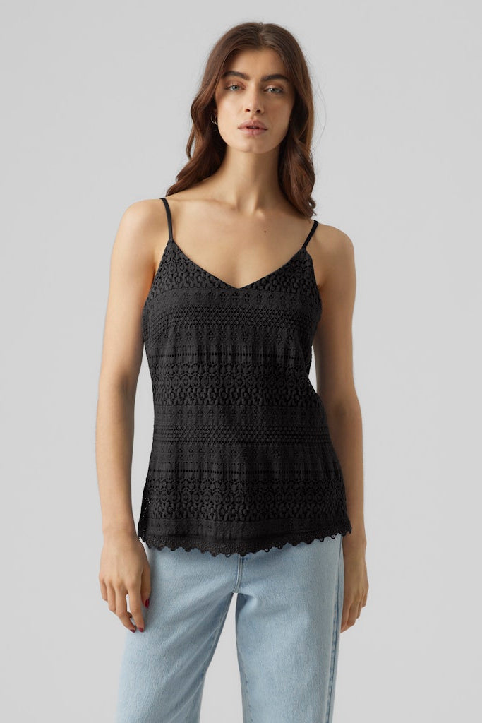 VERO MODA γυναικείο αμάνικο τοπ με V-λαιμόκοψη και λεπτομέρεια δαντέλας, μπροστινή όψη