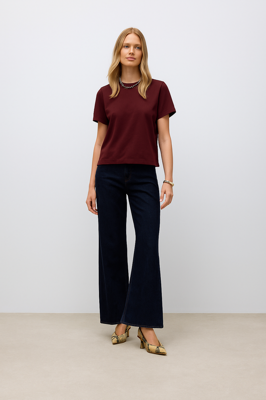 Vero Moda Γυναικείο Basic T-shirt σε Μπορντώ από 100% Οργανικό Βαμβάκι – Ολόσωμη Εμφάνιση Μπροστινή όψη