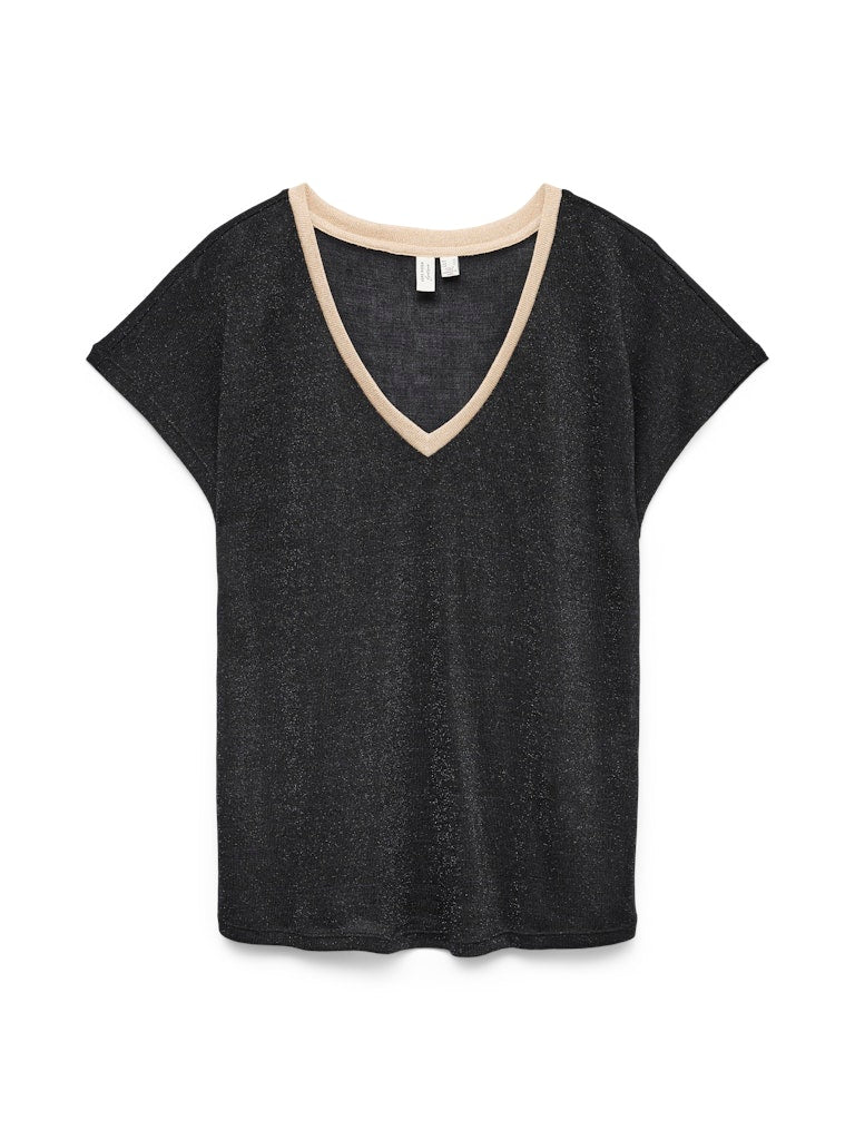 Vero Moda γυναικείο basic V-neck top μαύρο με μπεζ λεπτομέρεια και μεταλλική όψη