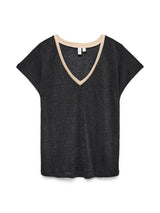 Basic V-Neck Top Μαύρο με Μπεζ Λεπτομέρεια και Μεταλλική Όψη
