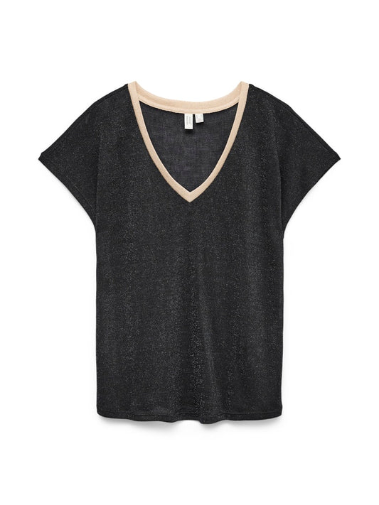 Vero Moda γυναικείο basic V-neck top μαύρο με μπεζ λεπτομέρεια και μεταλλική όψη