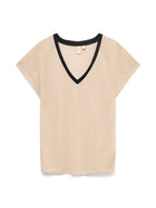 Basic V-Neck Top Μπεζ με Μαύρη Λεπτομέρεια και Μεταλλική Όψη
