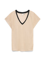 Basic V-Neck Top Μπεζ με Μαύρη Λεπτομέρεια και Μεταλλική Όψη