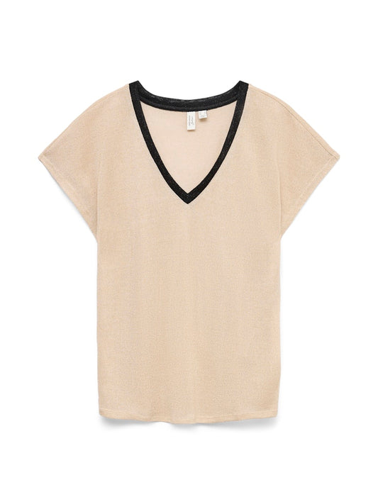 Vero Moda γυναικείο basic V-neck top μπεζ με μαύρη λεπτομέρεια και μεταλλική όψη
