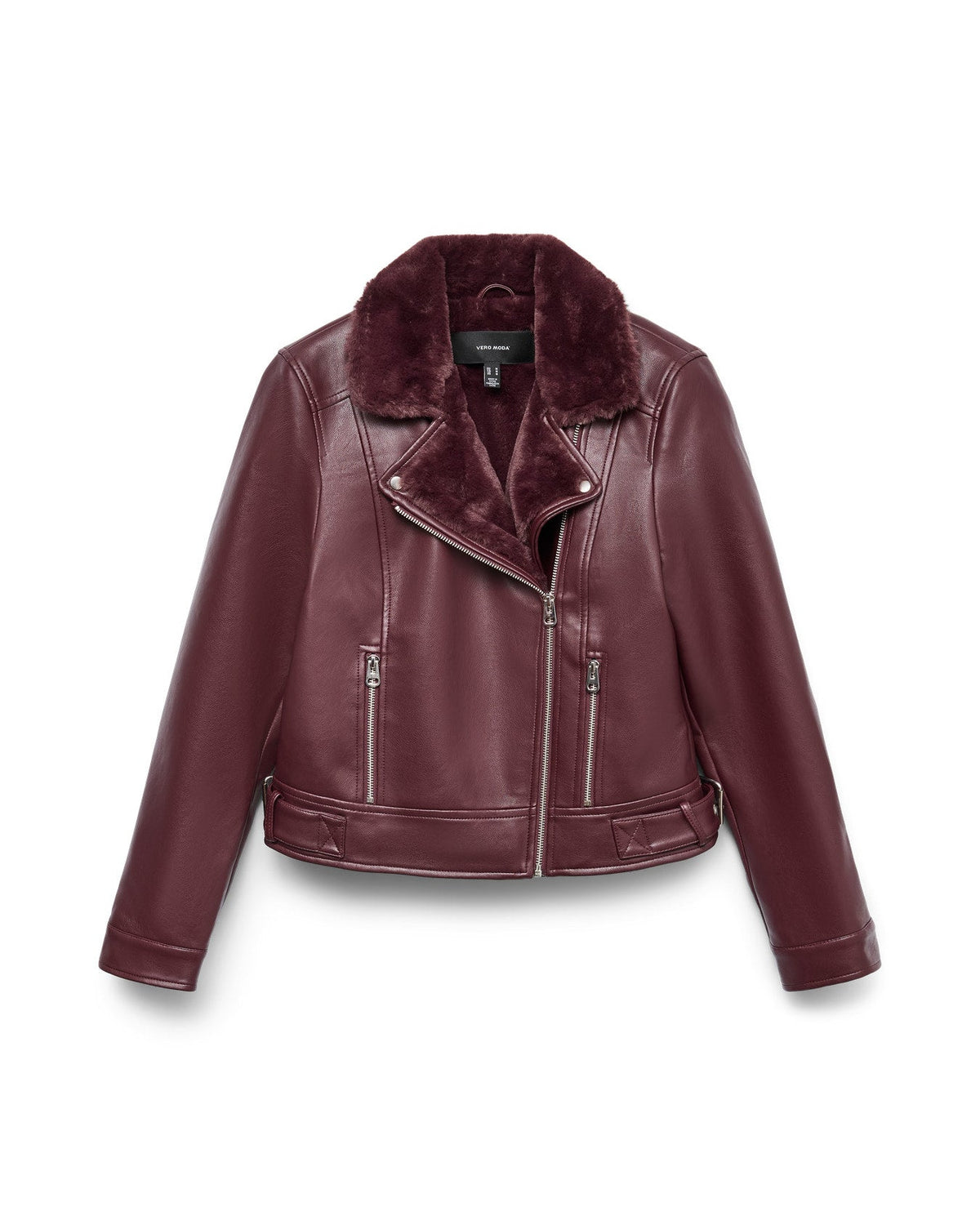 VERO MODA Biker Jacket Οικολογικό Δέρμα Γιακάς Faux Fur Βουργουνδί