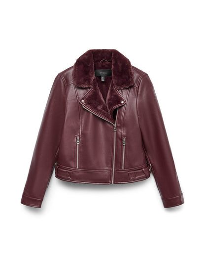 VERO MODA Biker Jacket Οικολογικό Δέρμα Γιακάς Faux Fur Βουργουνδί