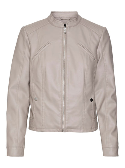 VERO MODA γυναικείο εκρού biker jacket από δερματίνη με διαχρονικό σχέδιο - μπροστινή όψη