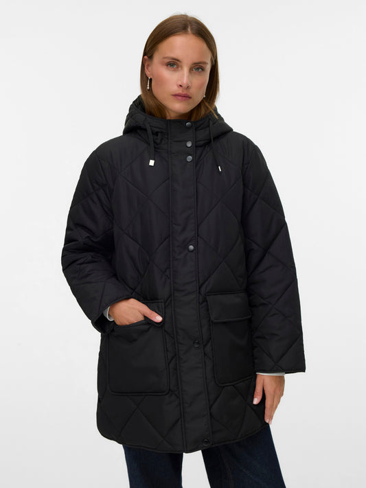 VERO MODA Γυναικείο Μακρύ Καπιτονέ Μπουφάν Μαύρο - μπροστινή όψη με τσέπες