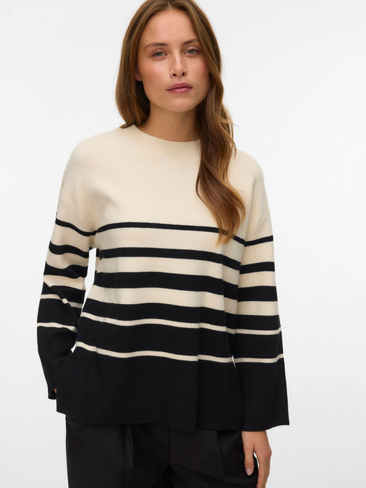 Vero Moda Γυναικείο Ριγέ Πουλόβερ Μαύρο & Εκρού - μπροστινή όψη