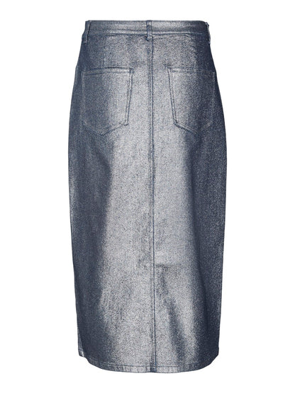 Ψηλόμεση jean φούστα VERO MODA με glitter σε επίπεδη διάταξη που δείχνει το σχήμα και τις αναλογίες πίσω όψη