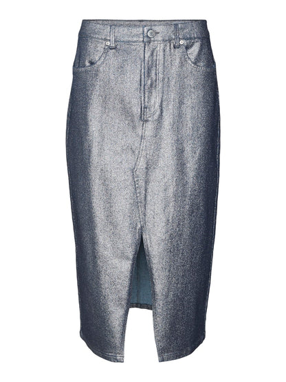 Ψηλόμεση jean φούστα VERO MODA με glitter σε επίπεδη διάταξη που δείχνει το σχήμα και τις αναλογίες μπροστινή όψη