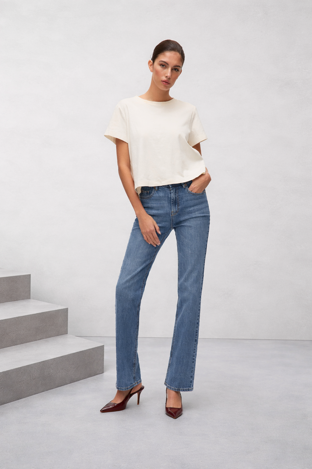 VERO MODA jeans straight fit ψηλόμεσο acid wash medium blue denim - full body μπροστά