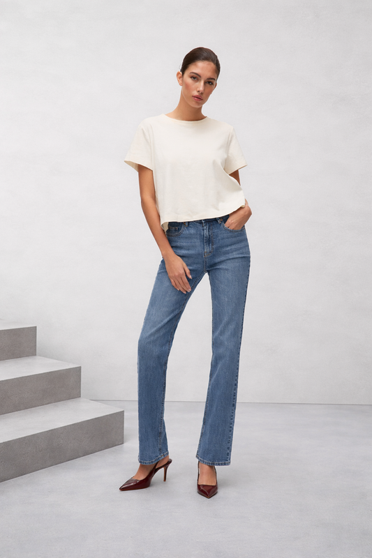 VERO MODA jeans straight fit ψηλόμεσο acid wash medium blue denim - full body μπροστά