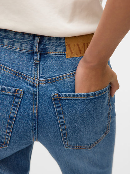 VERO MODA jeans straight fit ψηλόμεσο acid wash medium blue denim - λεπτομέρεια πίσω τσέπης