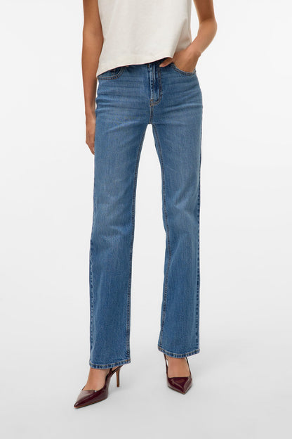 VERO MODA jeans straight fit ψηλόμεσο acid wash medium blue denim - μπροστινή όψη crop