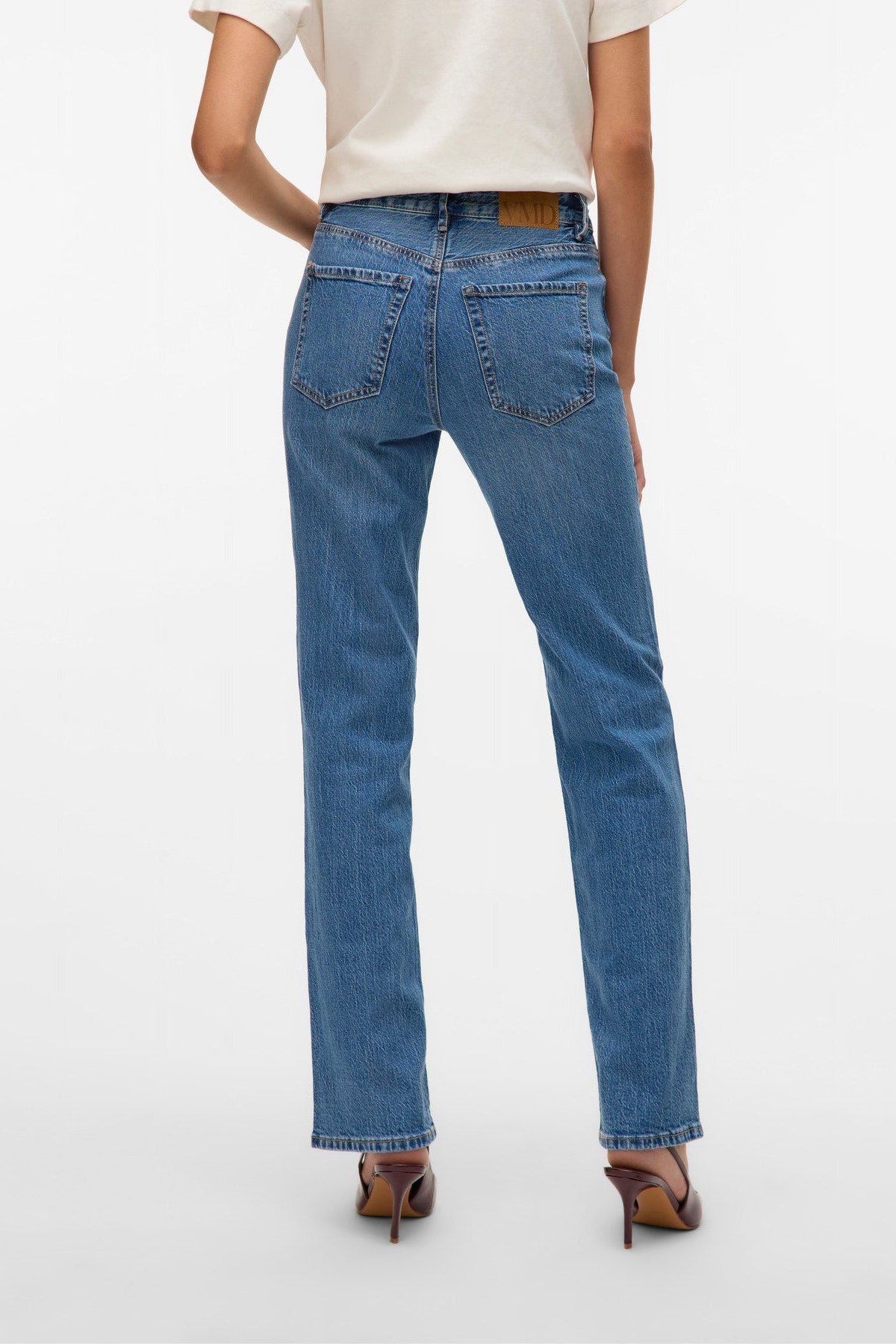 VERO MODA jeans straight fit ψηλόμεσο acid wash medium blue denim - πίσω όψη crop