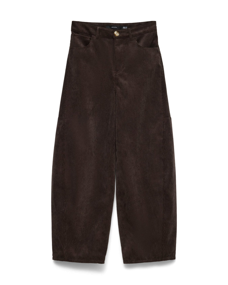 γυναικεία VERO MODA καφέ κοτλέ παντελόνι barrel fit flat lay μπροστά κοτλέ ύφανση θηλιές ζώνη

