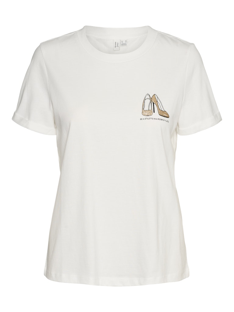 VERO MODA Γυναικείο λευκό t-shirt με τύπωμα GOLD GLITTER STILLETO, στρογγυλή λαιμόκοψη, κανονική εφαρμογή, μπροστινή όψη, χωρίς μοντέλο