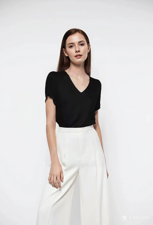 VERO MODA γυναικεία μαύρη μπλούζα από viscose με κομψή v-λαιμόκοψη και χαλαρά μανίκια - μπροστινή όψη