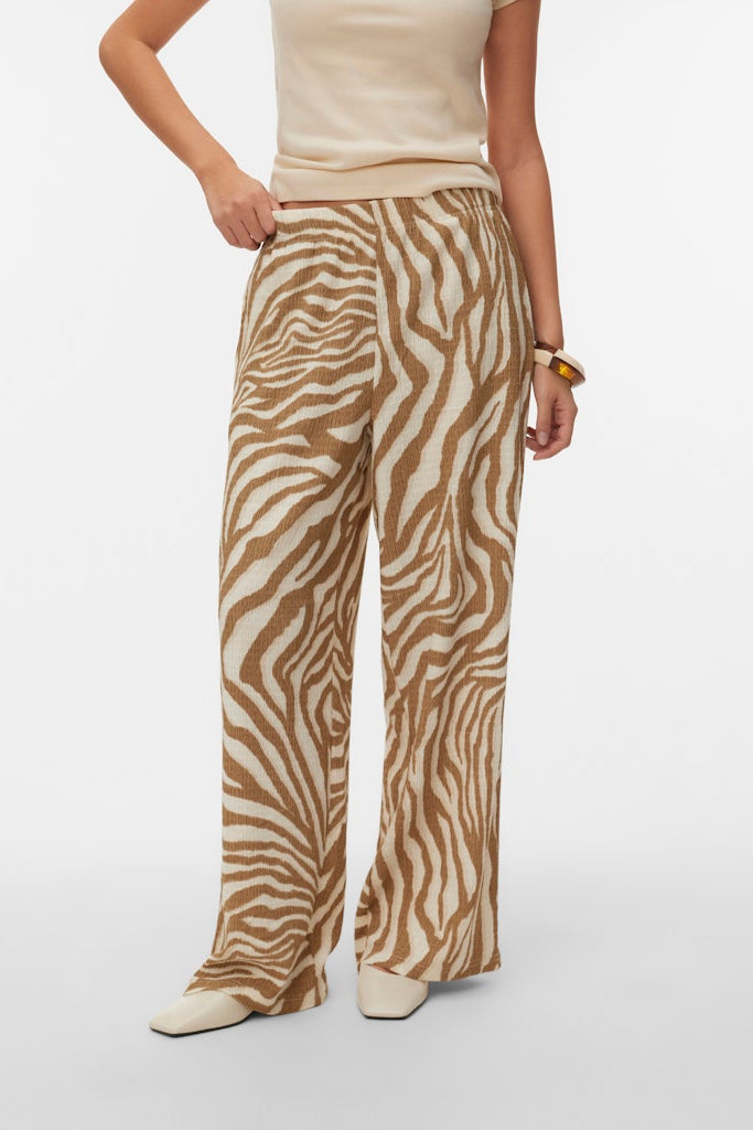 VERO MODA Γυναικεία Παντελόνα Animal Print Wide Leg Μπεζ-Εκρού μπροστινή όψη