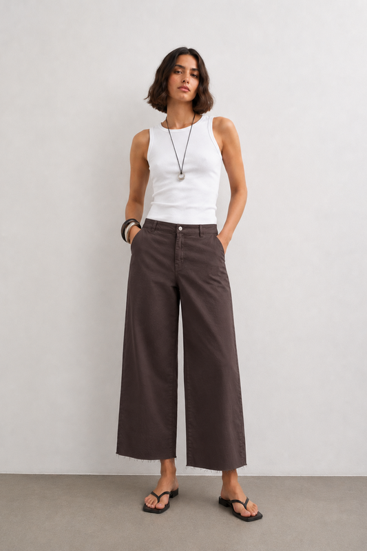 Παντελόνι Καφέ Wide Leg Μήκος 7/8