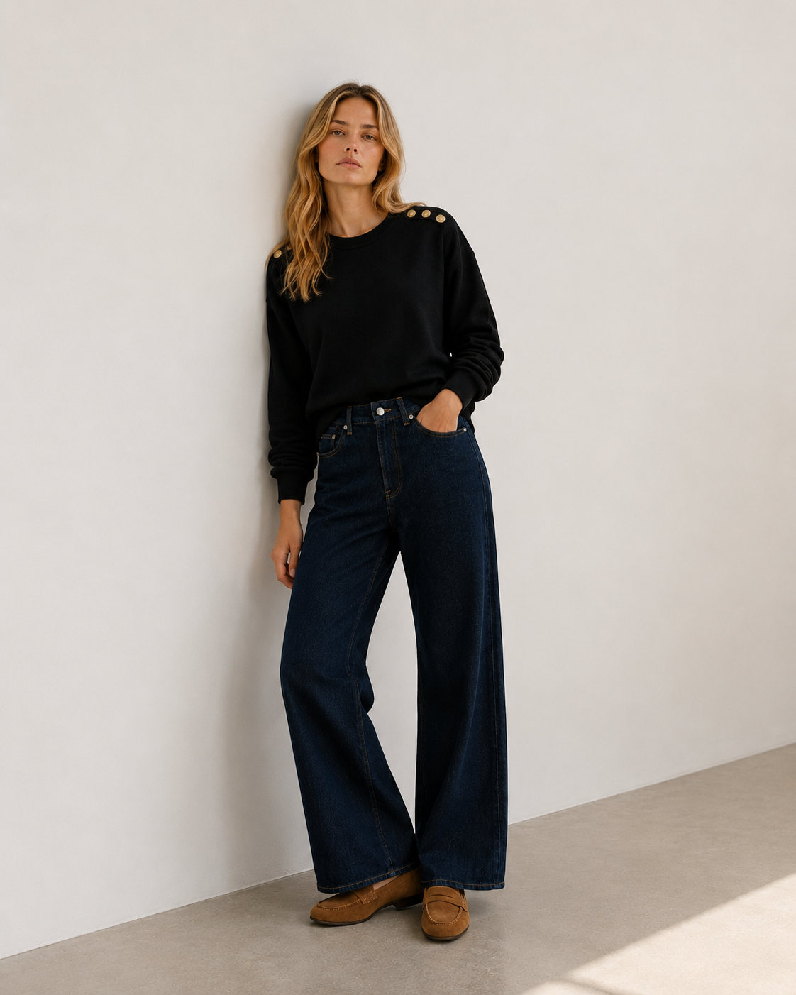 Γυναικεία πλεκτή μπλούζα VERO MODA μαύρη με χρυσά κουμπιά στους ώμους, ολόσωμη εμφάνιση μπροστά
