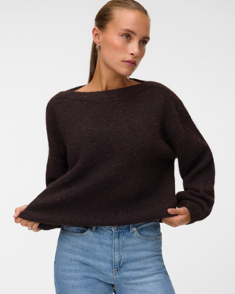 Γυναικεία πλεκτή μπλούζα VERO MODA σκούρο καφέ melange, balloon μανίκια, εμφάνιση μπροστά
