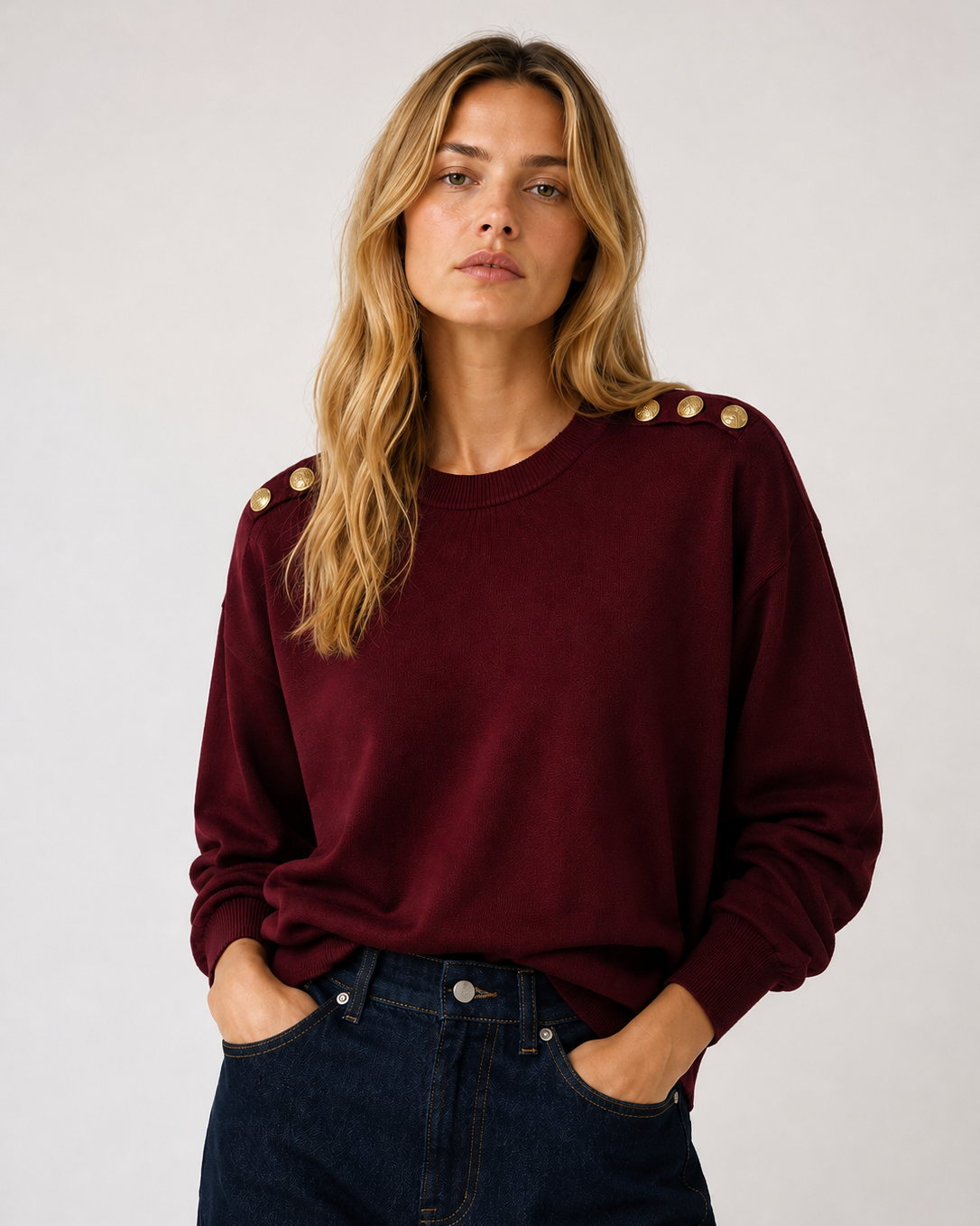 Γυναικεία πλεκτή μπλούζα VERO MODA μπορντό με χρυσά κουμπιά στους ώμους, εμφάνιση από μέση και πάνω
