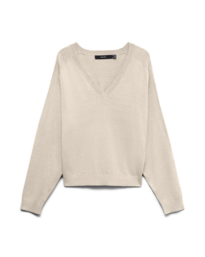 Γυναικεία πλεκτή μπλούζα VERO MODA εκρού V-neck, flat lay μπροστά
