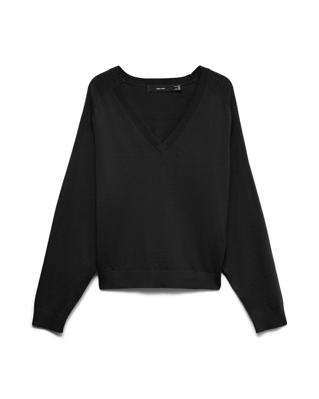 Γυναικεία πλεκτή μπλούζα VERO MODA μαύρη V-neck, flat lay μπροστά
