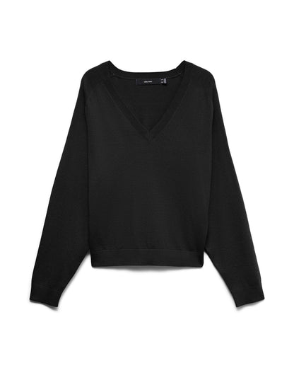 Γυναικεία πλεκτή μπλούζα VERO MODA μαύρη V-neck, flat lay μπροστά
