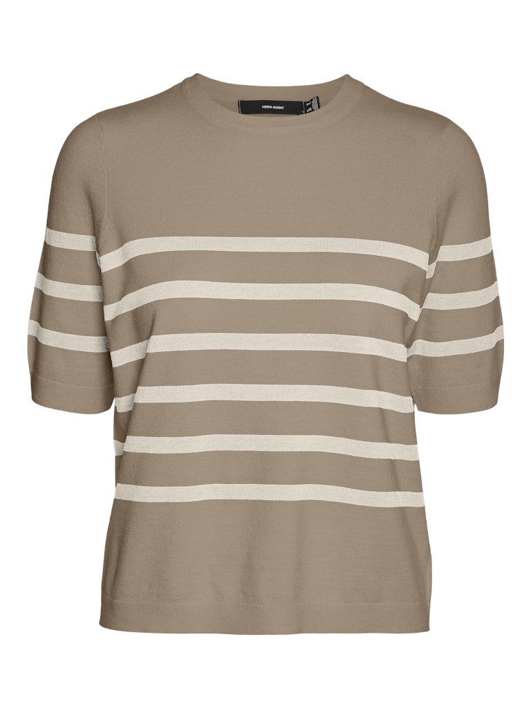 VERO MODA Πλεκτή Μπλούζα Ριγέ Κοντομάνικη Μπεζ-Εκρού