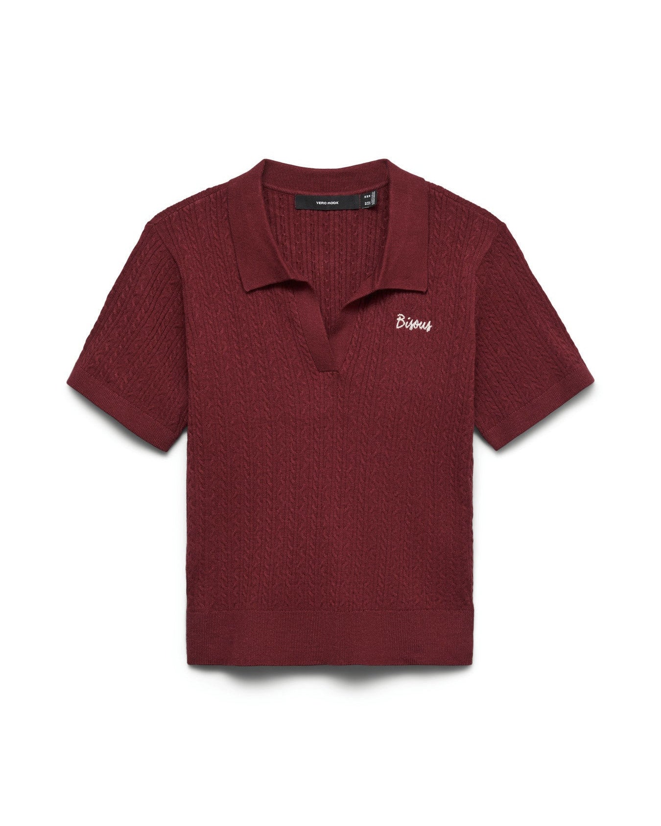 Γυναικεία πλεκτή polo μπλούζα Vero Moda μπορντό cable πλέξη, flat lay
