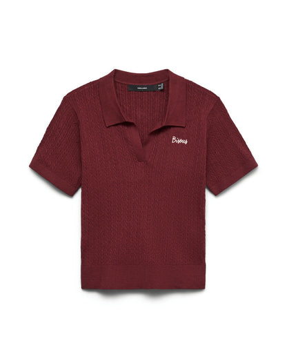 Γυναικεία πλεκτή polo μπλούζα Vero Moda μπορντό cable πλέξη, flat lay
