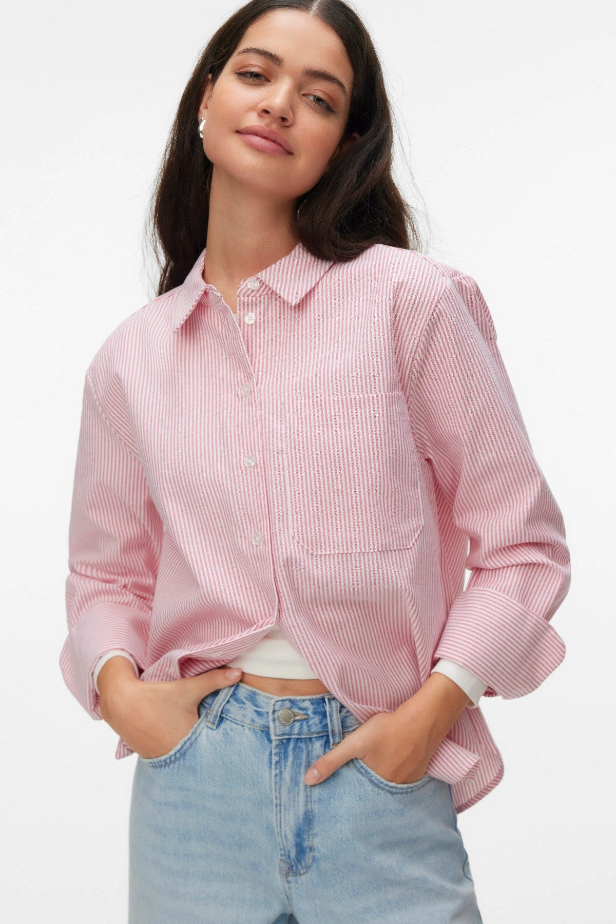 VERO MODA Πουκάμισο Regular Fit Ριγέ Ροζ/Λευκό μπροστινή όψη
