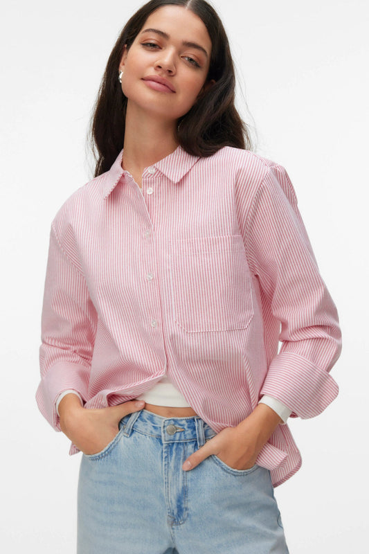 VERO MODA Πουκάμισο Regular Fit Ριγέ Ροζ/Λευκό μπροστινή όψη