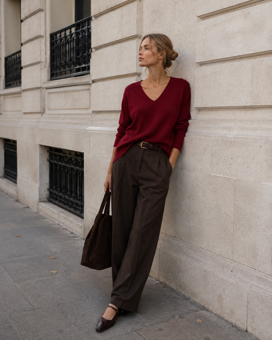 Γυναικείο πουλόβερ Vero Moda V-neck μπορντό, editorial εμφάνιση
