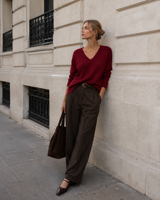 Γυναικείο πουλόβερ Vero Moda V-neck μπορντό, editorial εμφάνιση
