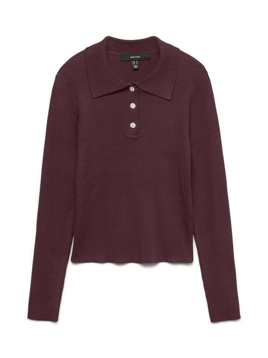 VERO MODA Γυναικείο Πουλόβερ Polo Κουμπιά Πέρλες Μπορντώ