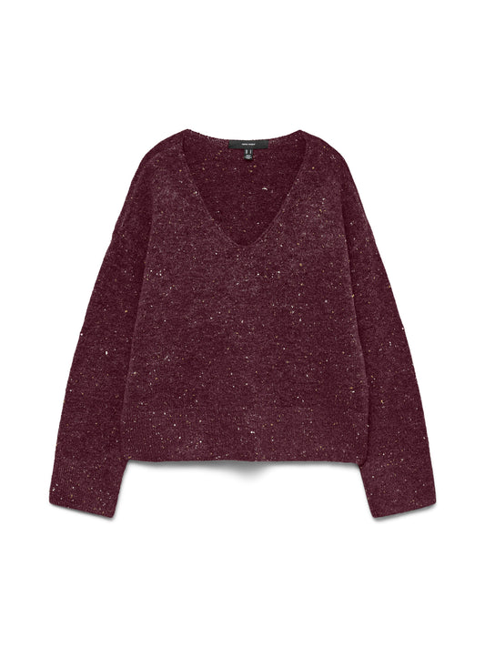 VERO MODA Πουλόβερ V-Neck Χαμηλοί Ώμοι Μπορντώ Μελανζέ