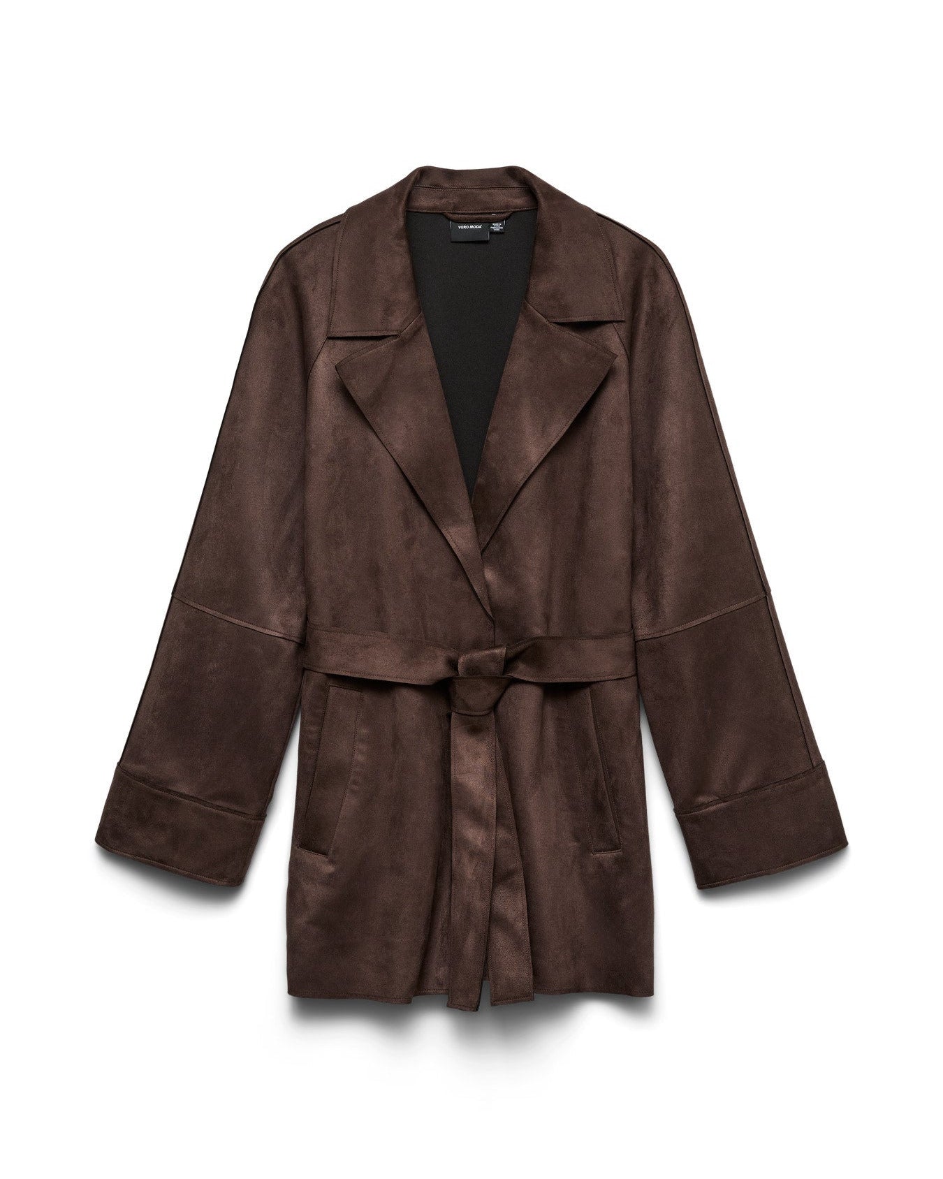 Σακάκι faux suede Vero Moda με ζώνη καφέ, flat lay λευκό φόντο