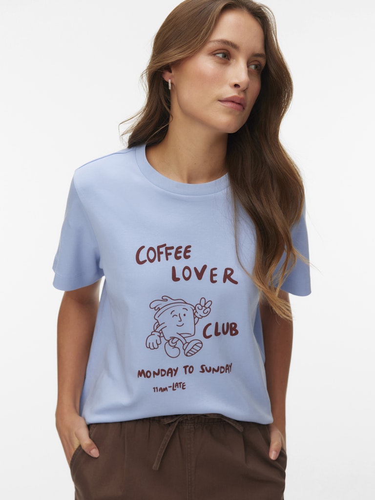 VERO MODA T-shirt Coffee Lover Club γαλάζιο - μπροστινή όψη