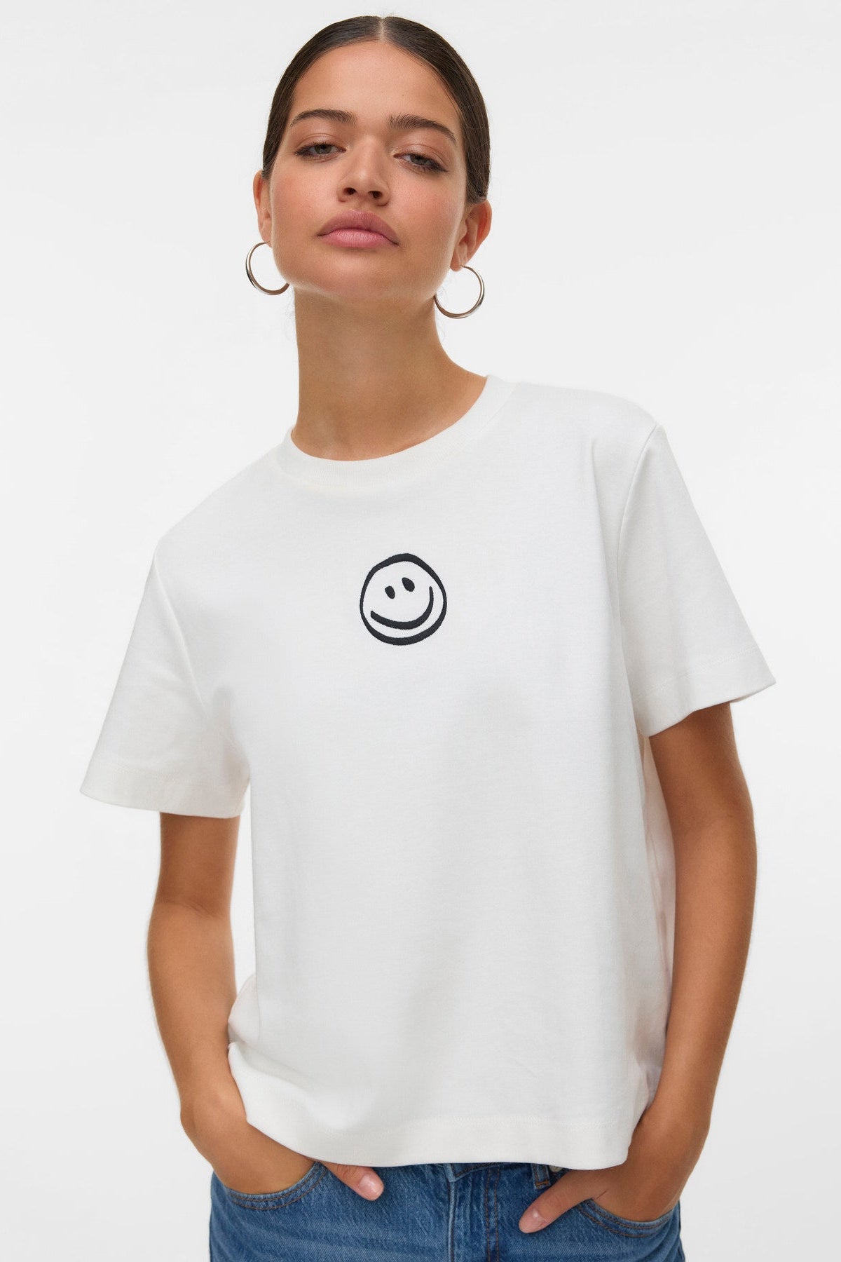 VERO MODA T-shirt Κοντομάνικο Οργανικό Βαμβάκι Smile Print Λευκό μπροστινή όψη