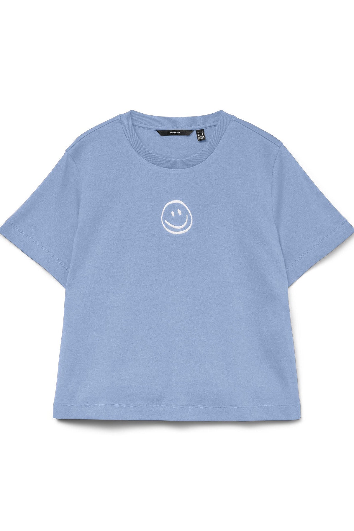 λεπτομέρεια t-shirt vero moda γαλάζιο με στάμπα smile
